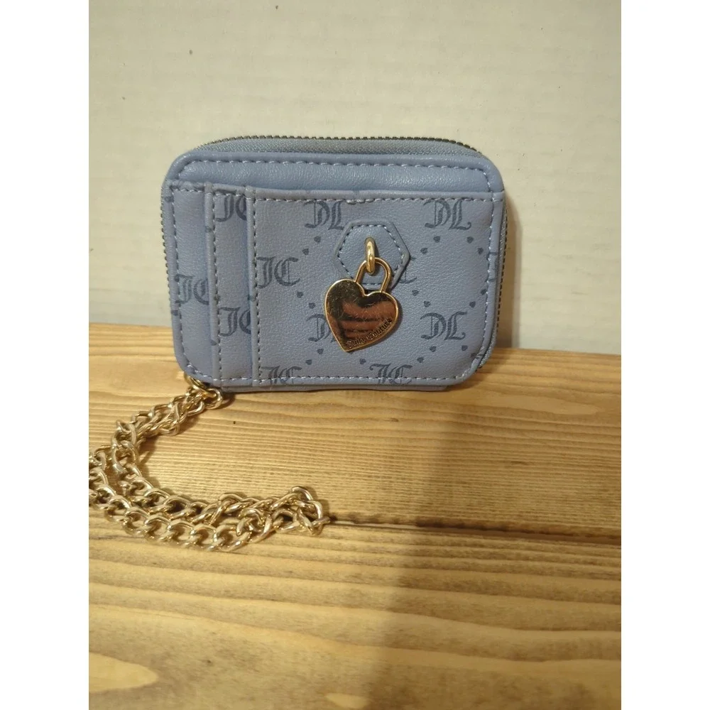 Juicy Couture Blue Pebbled Zip Wallet Heart Coin Purse Gold Chain Logo Charm
